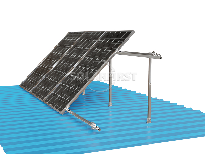 Adjustable front and rear leg solar mounting bracket installed on trapezoidal color steel roof, aluminum rails, tilt angle set to 15 degrees